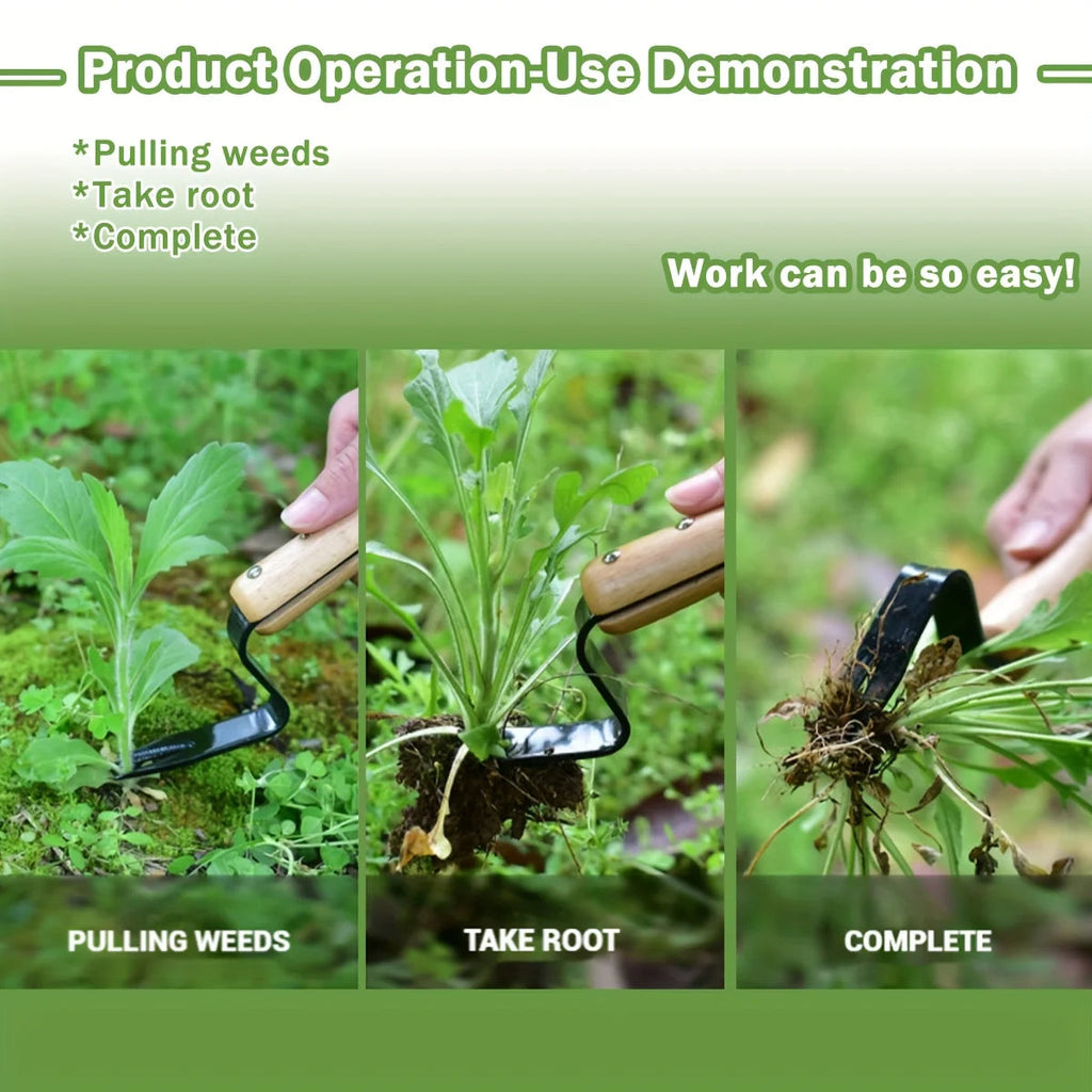 Stainless Steel Garden Weed Puller Tool with Wooden Handle for Easy Weeding